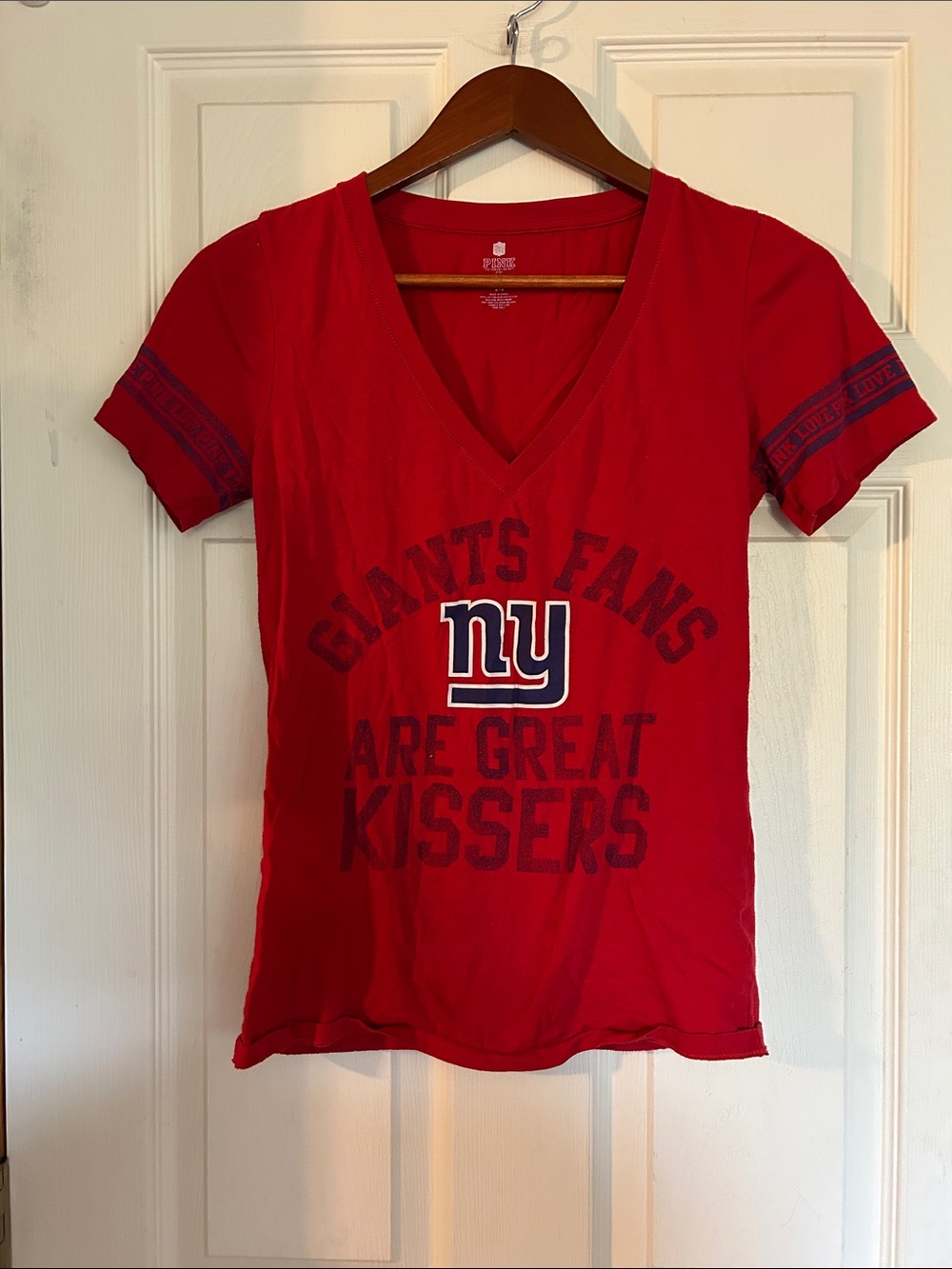 Vintage Love Pink New York Giants Red V-Neck Fan Graphic Tee